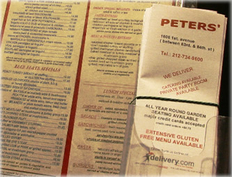 Menu from Peter's, a diner in Manhattan that caters to a gluten-free constituency. Photo by Priya Kale.